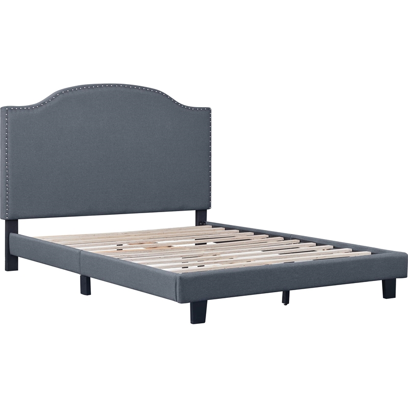 Madison King Platform Bed Gray Fabric with Camelback Nailhead Trim Headboard