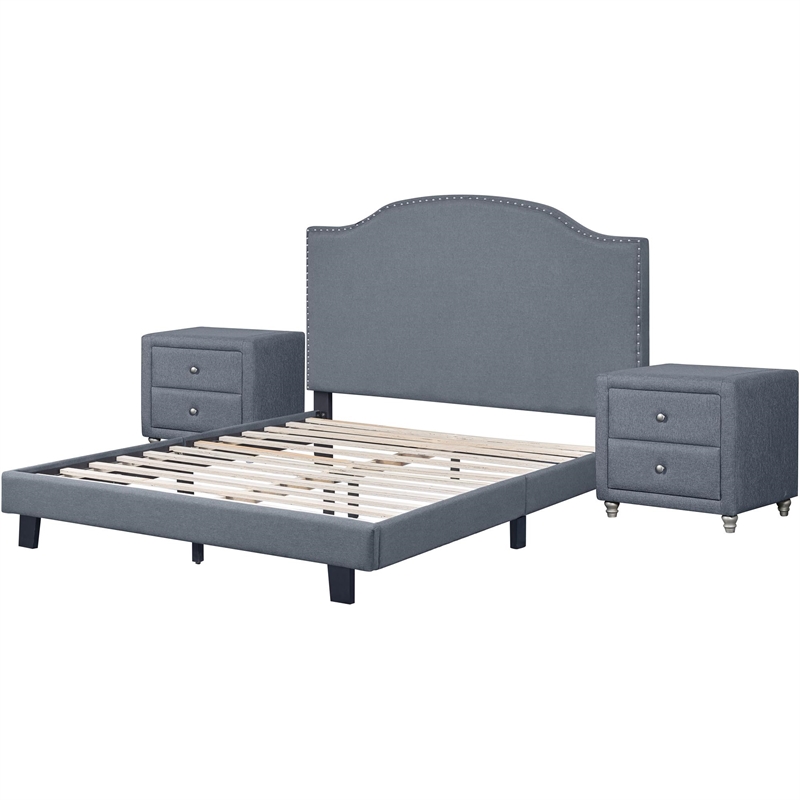 Madison Queen Platform Bed Gray Fabric with 2 Nightstands