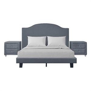 Madison Queen Platform Bed Gray Fabric with 2 Nightstands