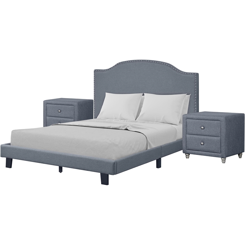 Madison King Platform Bed Gray Fabric with 2 Nightstands