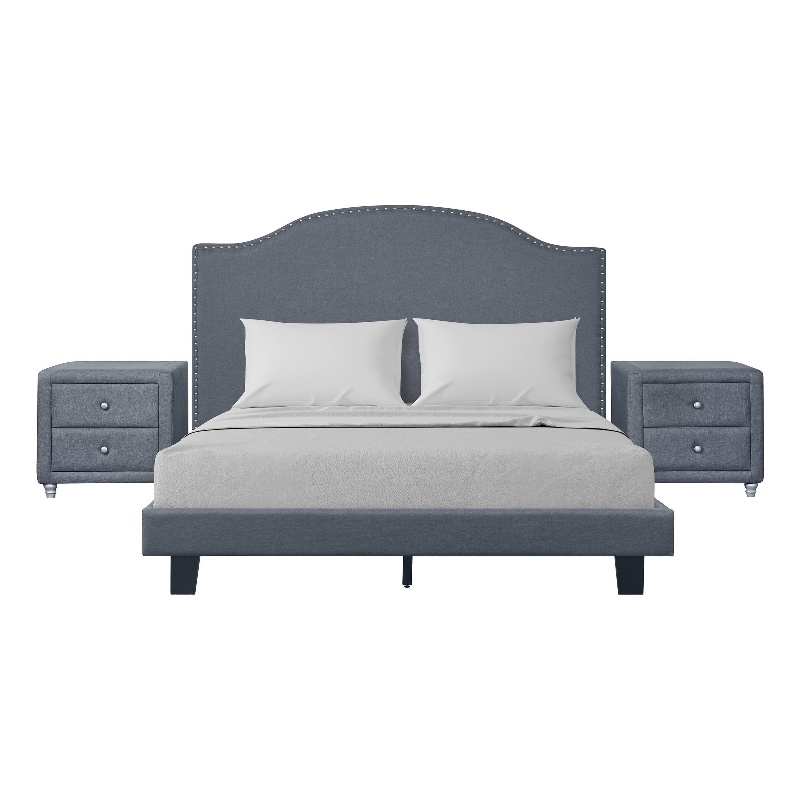 Madison King Platform Bed Gray Fabric with 2 Nightstands