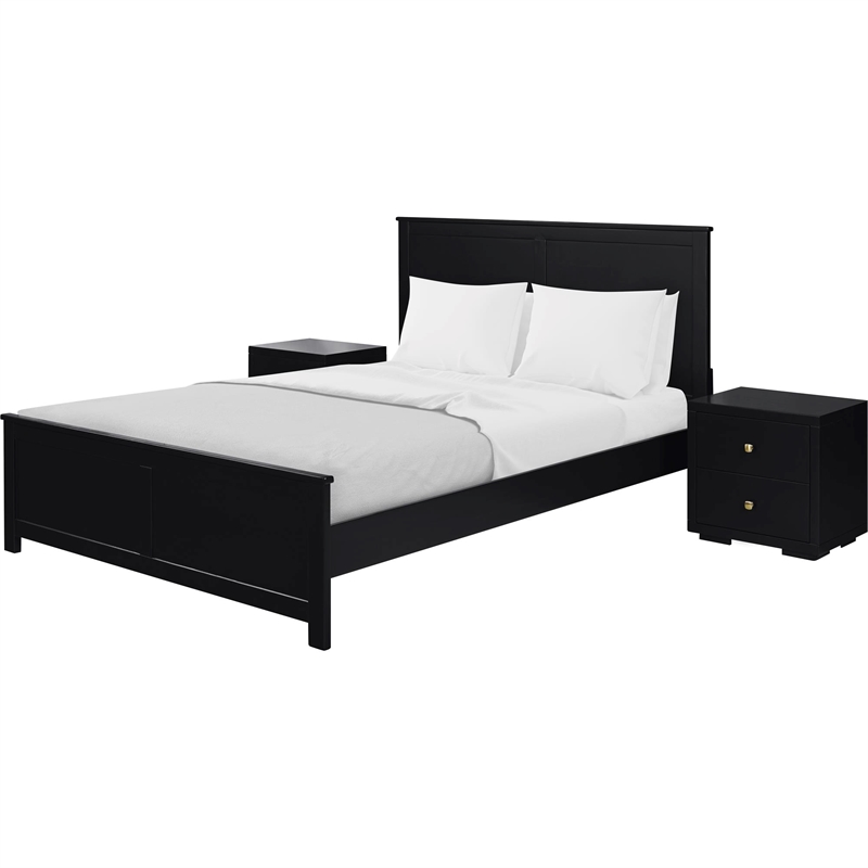 Winston Wooden Platform Bed in Black Queen with 2 Nightstands