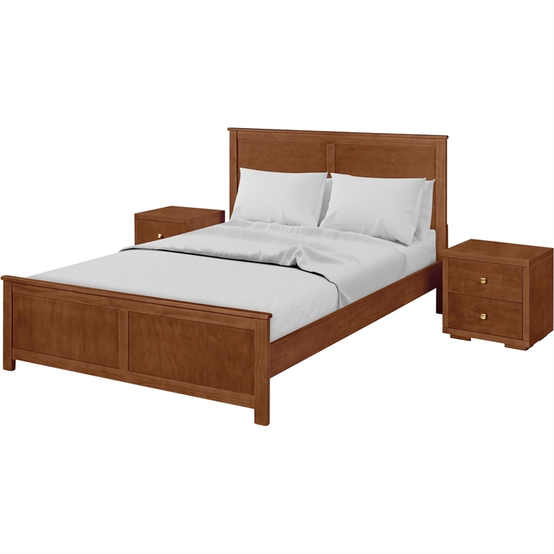 Winston Wooden Platform Bed in Walnut Queen with 2 Nightstands