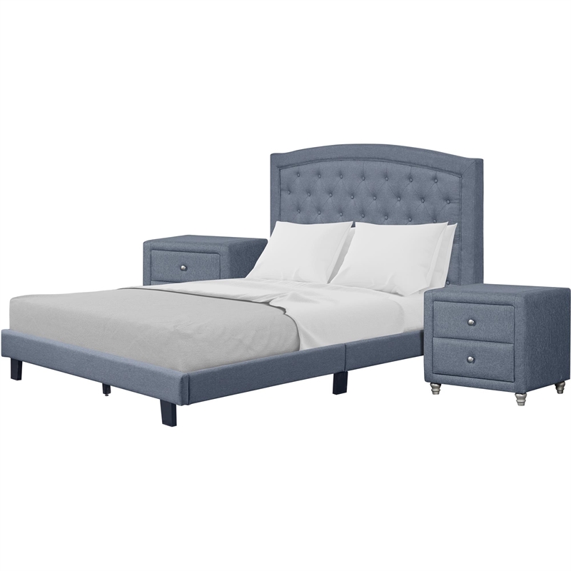 Carlisle King Platform Bed in Gray Fabric with 2 Nightstands
