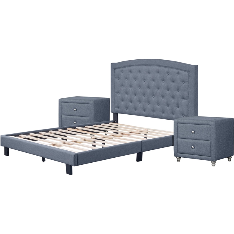 Carlisle King Platform Bed in Gray Fabric with 2 Nightstands