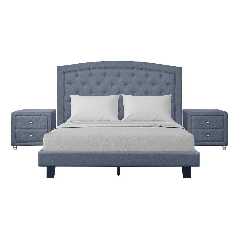 Carlisle King Platform Bed in Gray Fabric with 2 Nightstands