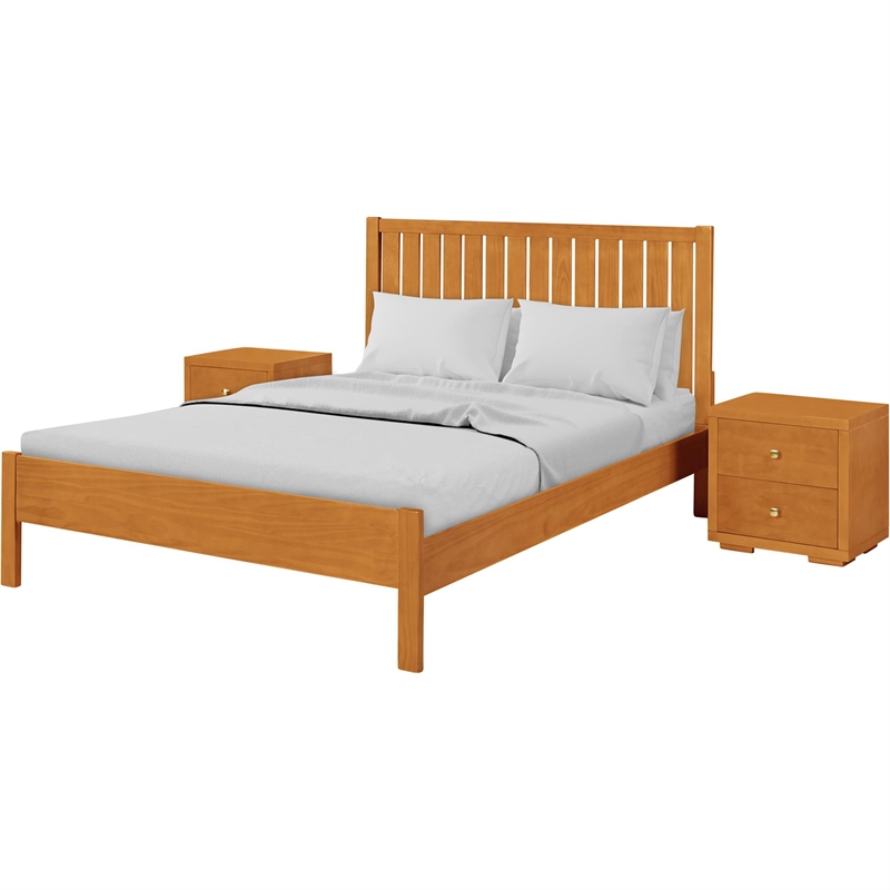Graham Wooden Platform Bed in Cherry Queen with 2 Nightstands
