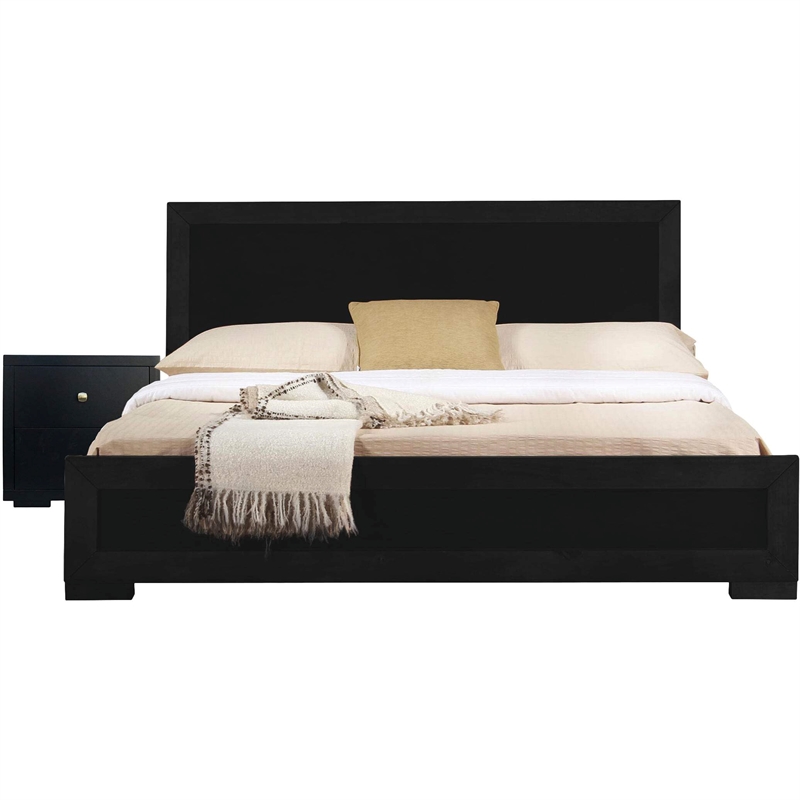 Trent Wooden Platform Bed in Black Queen with 1 Nightstand