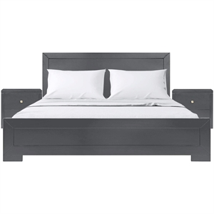 Trent Wooden Platform Bed in Charcoal Queen with 2 Nightstands