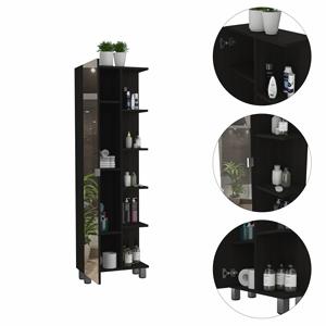 Tuhome Furniture Urano 62&quot Linen Cabinet with Open Storage and Mirror in Black