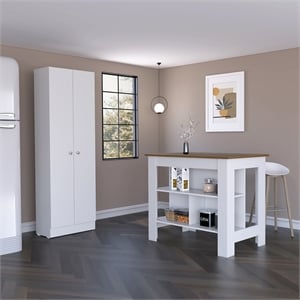 Tuhome Furniture Charlotte 2 Piece Kitchen Island & Pantry Set in White & Walnut