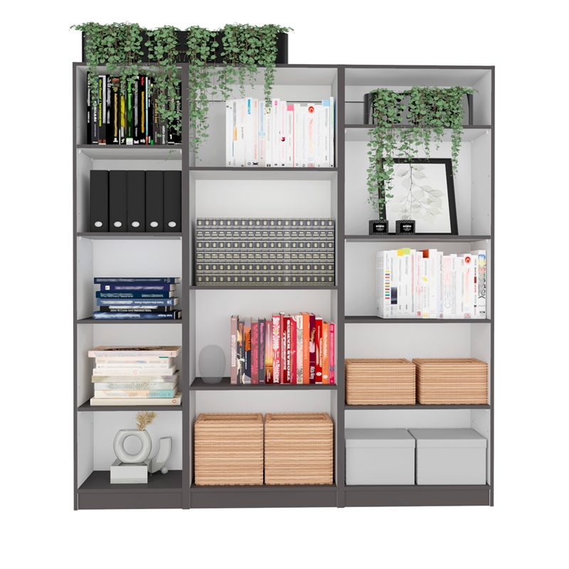 TUHOME Ocala 3 Piece Living Room Set with 3 Bookcases Matt Gray  White
