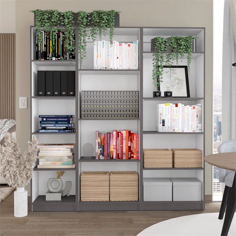 TUHOME Ocala 3 Piece Living Room Set with 3 Bookcases Matt Gray  White