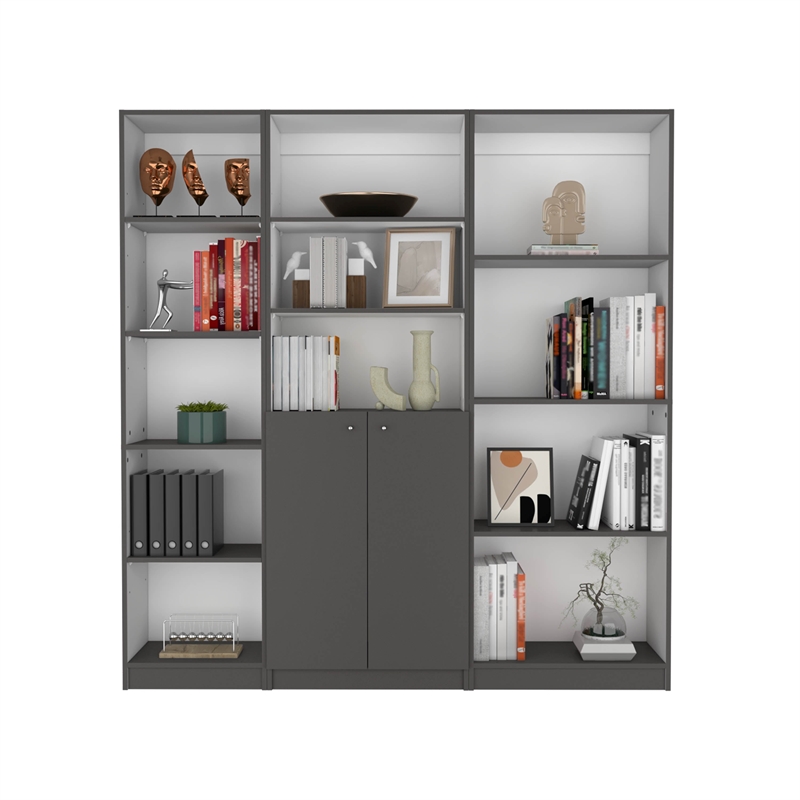 TUHOME Pooler 3 Piece Living Room Set with 3 Bookcases Matt Gray  White