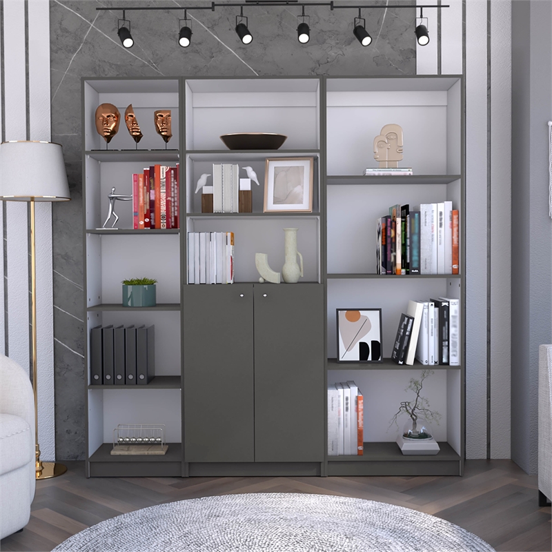 TUHOME Pooler 3 Piece Living Room Set with 3 Bookcases Matt Gray  White