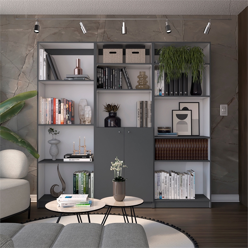 TUHOME Aynor 3 Piece Living Room Set with 3 Bookcases Matt Gray  White