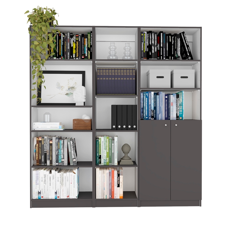TUHOME Poston 3 Piece Living Room Set with 3 Bookcases Matt Gray  White