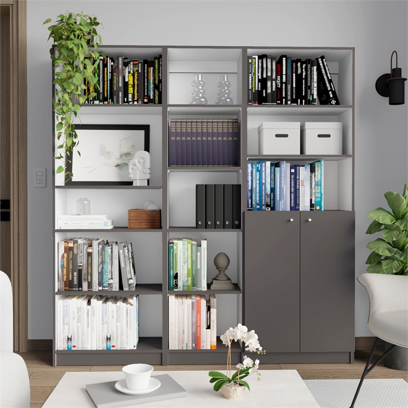 TUHOME Poston 3 Piece Living Room Set with 3 Bookcases Matt Gray  White
