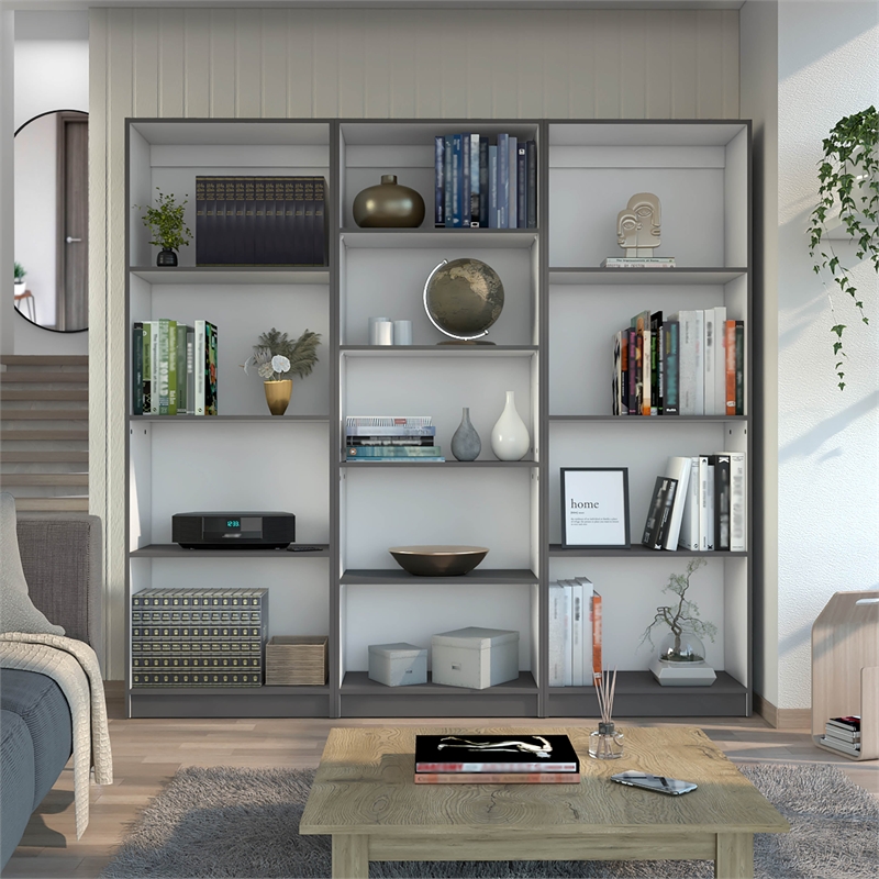 TUHOME Lane 3 Piece Living Room Set with 3 Bookcases Matt Gray White