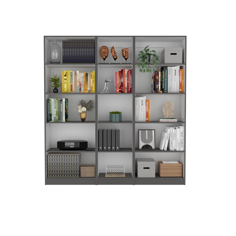 TUHOME Lutz 3 Piece Living Room Set with 3 Bookcases Matt Gray  White