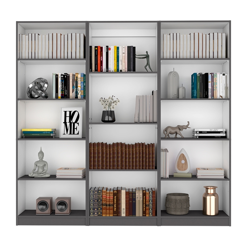 TUHOME Bartow 3 Piece Living Room Set with 3 Bookcases Matt Gray  White