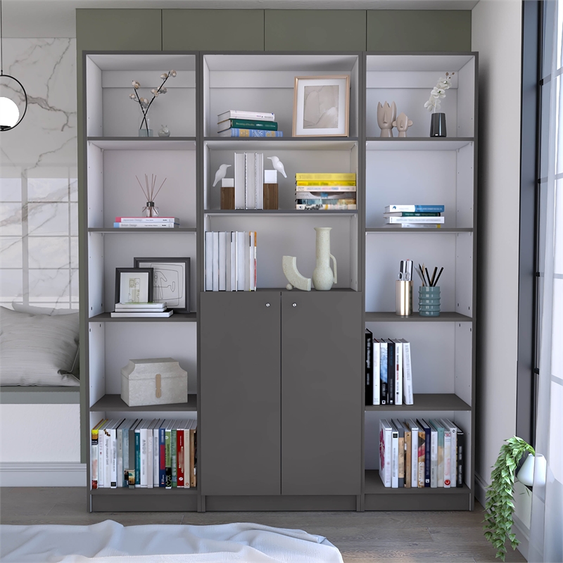 TUHOME Juno 3 Piece Living Room Set with 3 Bookcases Matt Gray  White