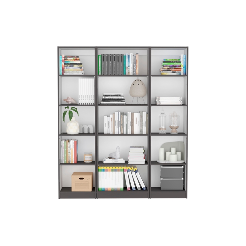 TUHOME Delray 3 Piece Living Room Set with 3 Bookcases Matt Gray  White