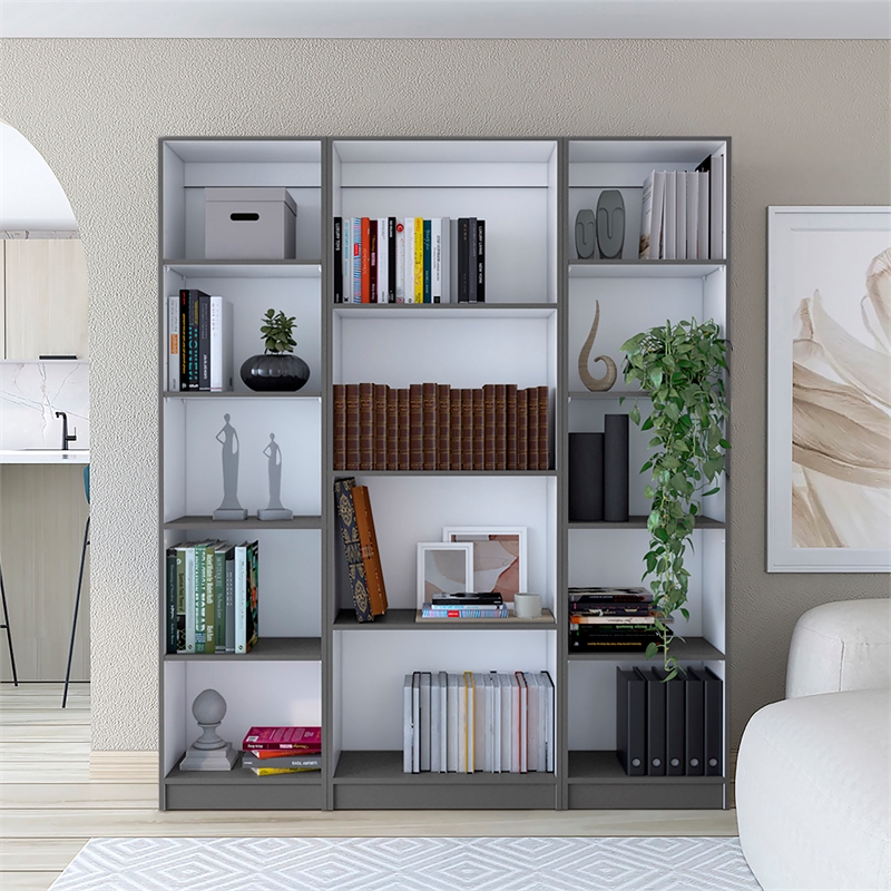 TUHOME Davie 3 Piece Living Room Set with 3 Bookcases Matt Gray  White