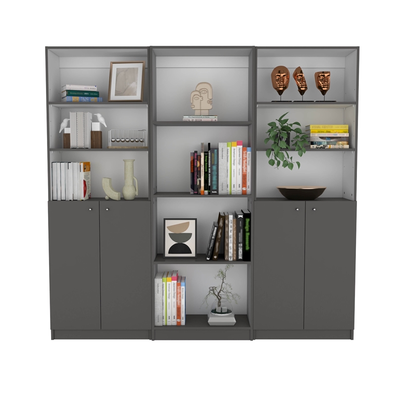 TUHOME Hialeah 3 Piece Living Room Set with 3 Bookcases Matt Gray  White