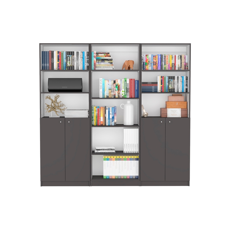 TUHOME Arbor 3 Piece Living Room Set with 3 Bookcases Matt Gray  White