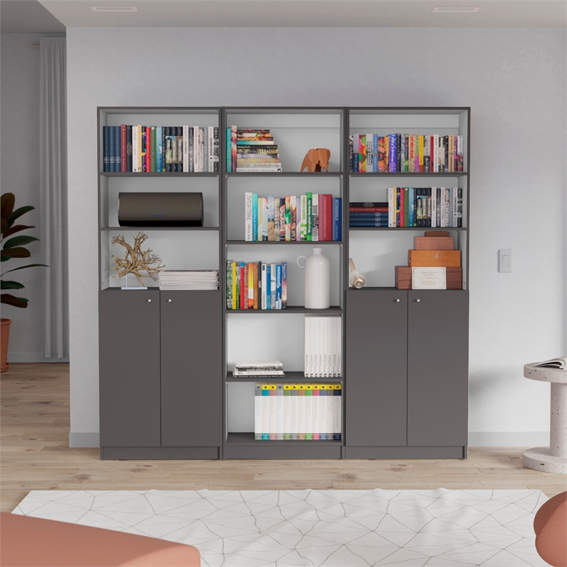 TUHOME Arbor 3 Piece Living Room Set with 3 Bookcases Matt Gray  White
