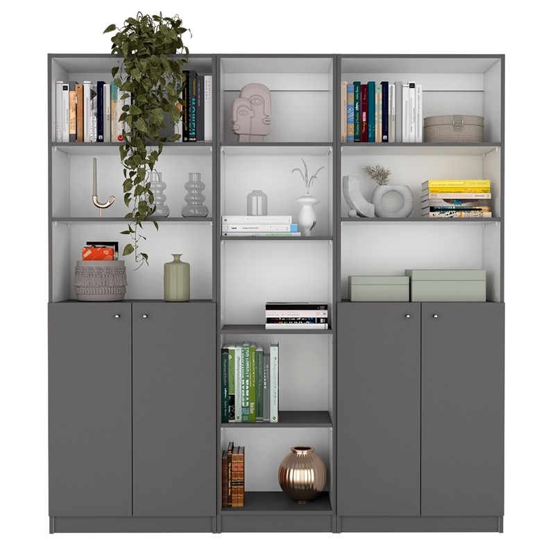 TUHOME Acres 3 Piece Living Room Set with 3 Bookcases Matt Gray  White