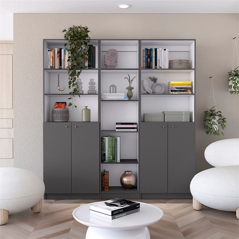 TUHOME Acres 3 Piece Living Room Set with 3 Bookcases Matt Gray  White