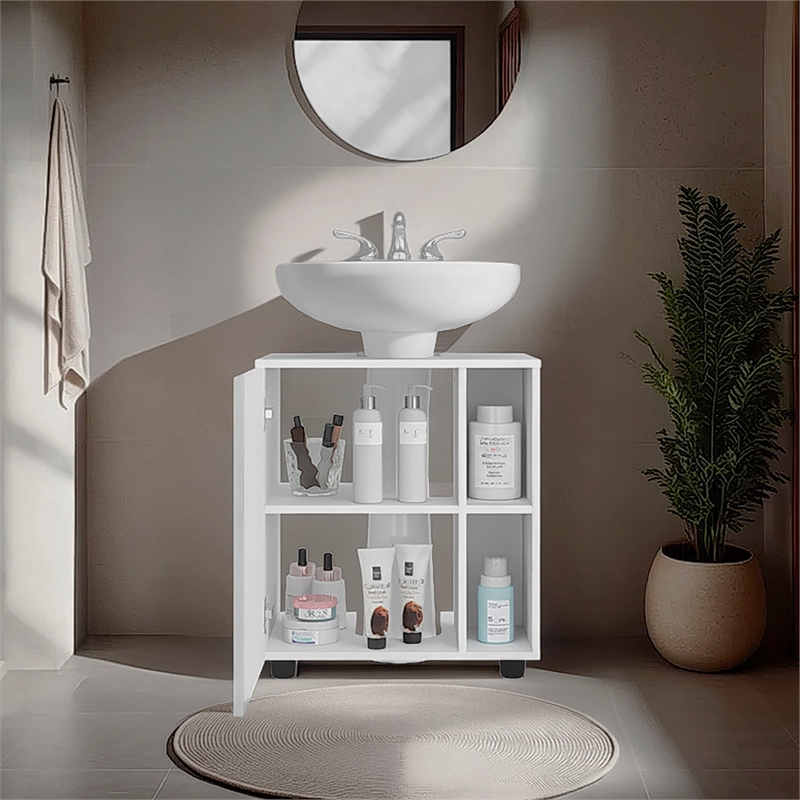 Pascuale Under Sink Cabinet Two Side Shelves Engineered Wood White