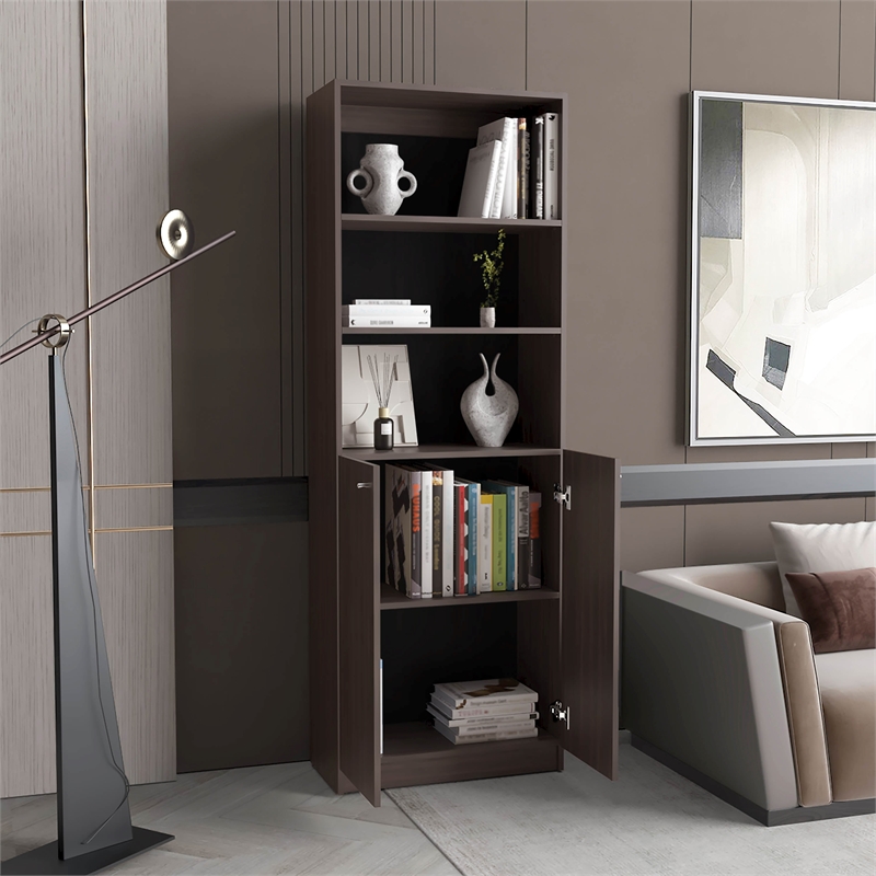 Tuhome Home Two Door 2 Open Shelves Bookcase in Borwn