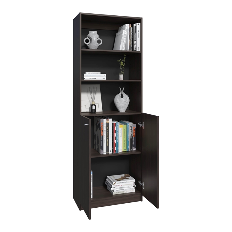 Tuhome Home Two Door 2 Open Shelves Bookcase in Borwn