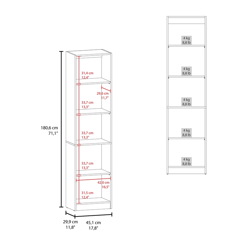 Tuhome Home Xs Bookcase With 5-Tier Shelves And Slim Design in Multicolor
