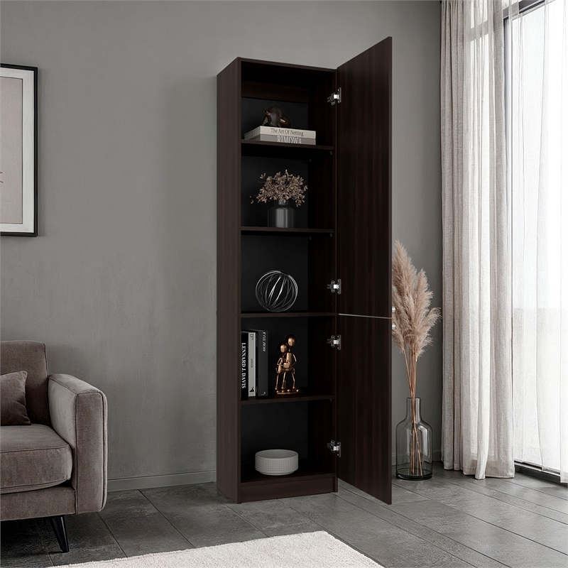 Home Tall Double Door Bookcase with 5 Interior Shelves Engineered Wood Brown
