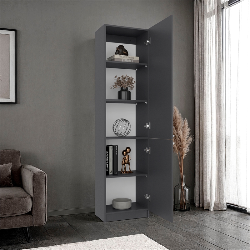 Home Tall Double Door Bookcase with 5 Interior Shelves Engineered Wood Gray