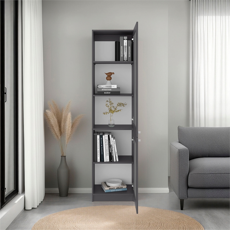 Home Double Glass Door Bookcase Cabinet with Shelves Engineered Wood Gray