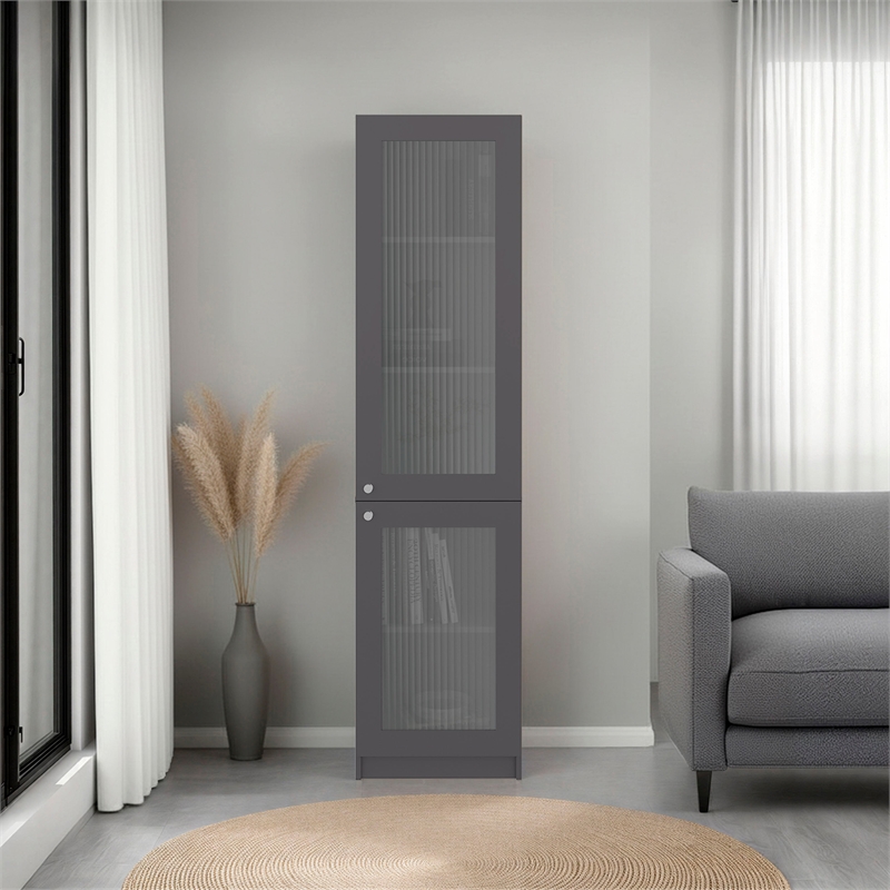 Home Double Glass Door Bookcase Cabinet with Shelves Engineered Wood Gray