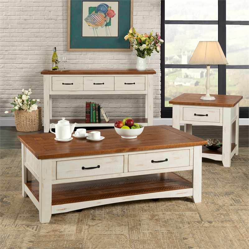 Martin Svensson Home Rustic Wood 2 Drawer Coffee Table Antique White and Honey