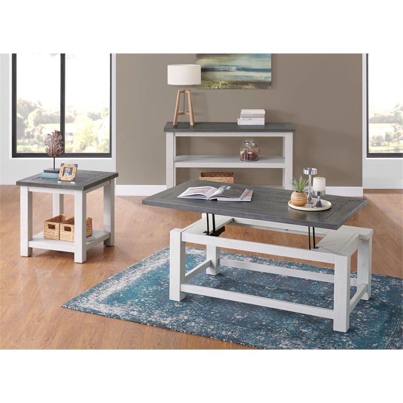 Space Saver White Stain and Grey Solid Wood Lift Top Coffee Table