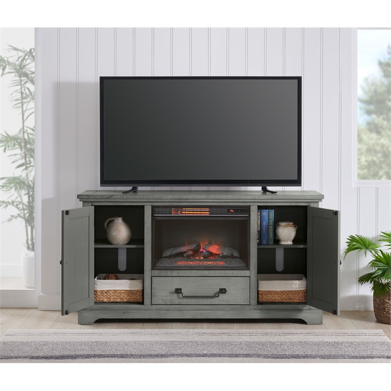 Beach House Solid Wood Dove Gray TV Stand with Electric Fireplace