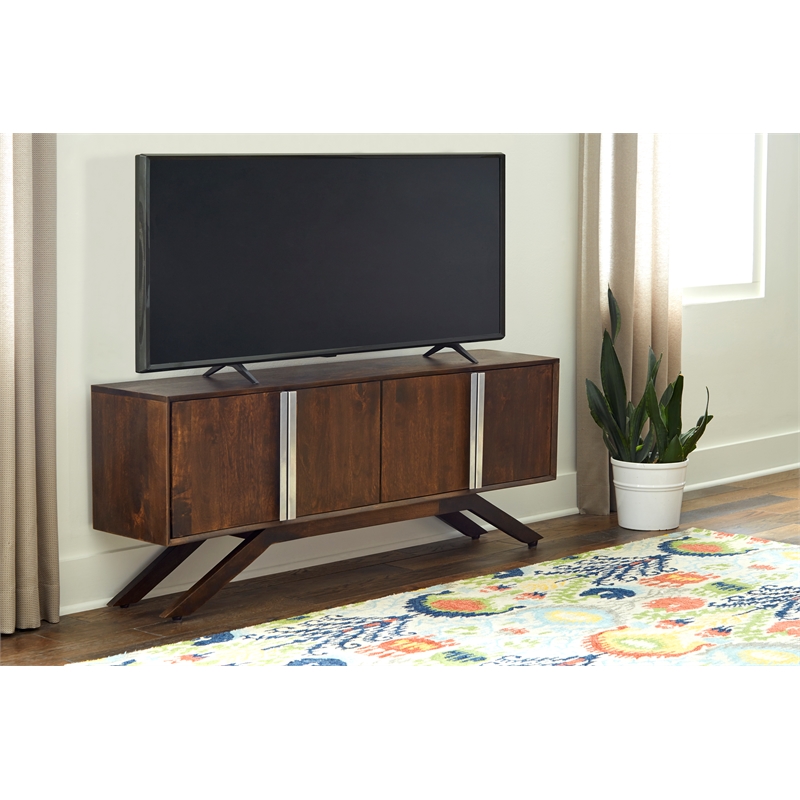 Modena 59-Inch 4-Door Mid-Century Modern Solid Wood Walnut Finish TV Stand