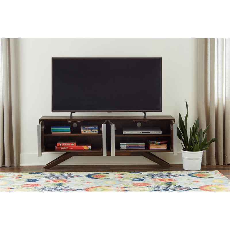Modena 59-Inch 4-Door Mid-Century Modern Solid Wood Walnut Finish TV Stand