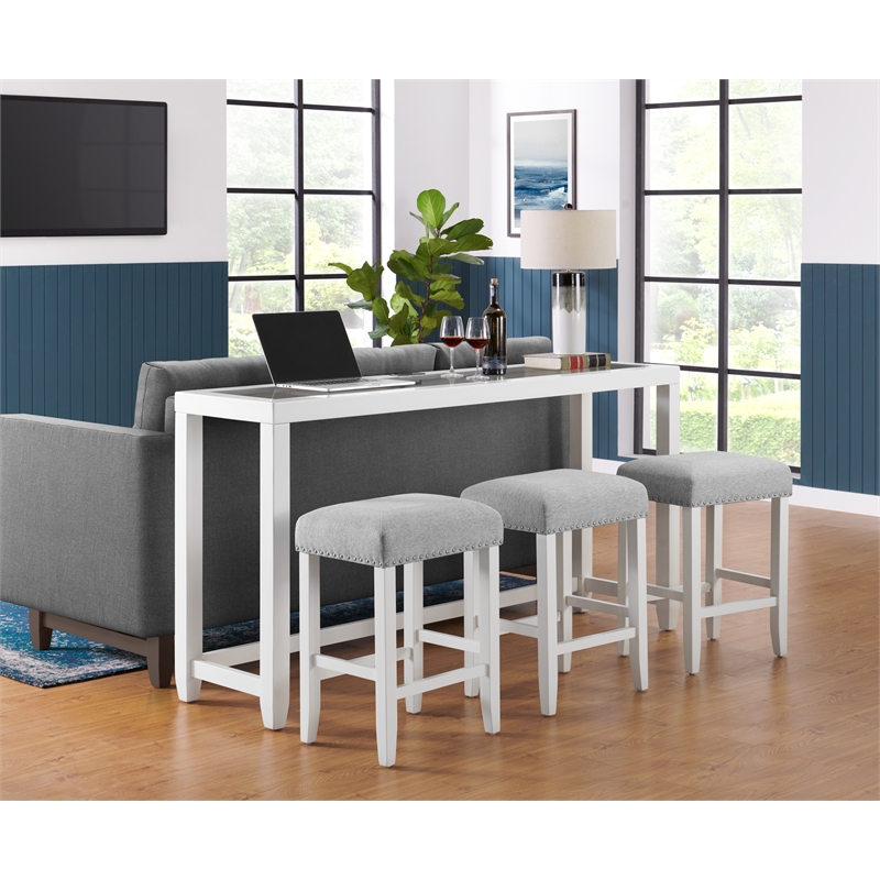 Cordero Wood and Glass Top White Console Bar Table with Power and Stools Set