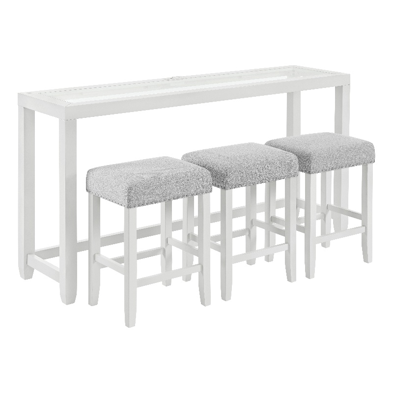 Cordero Wood and Glass Top White Console Bar Table with Power and Stools Set