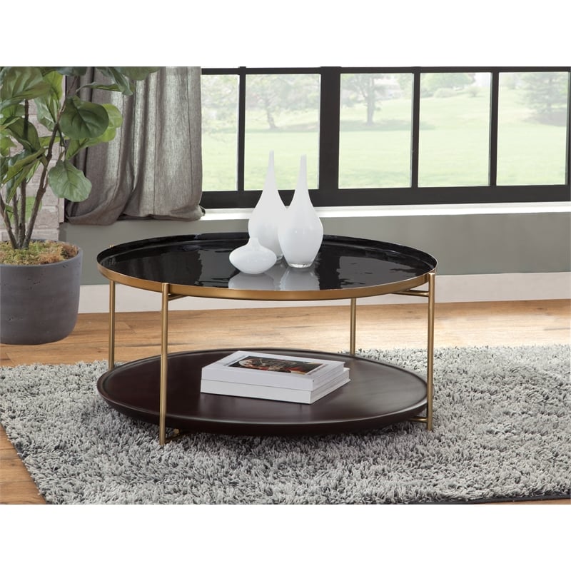 Stevie Round Enameled Black Metal and Wood Tray Top Coffee Table with Storage
