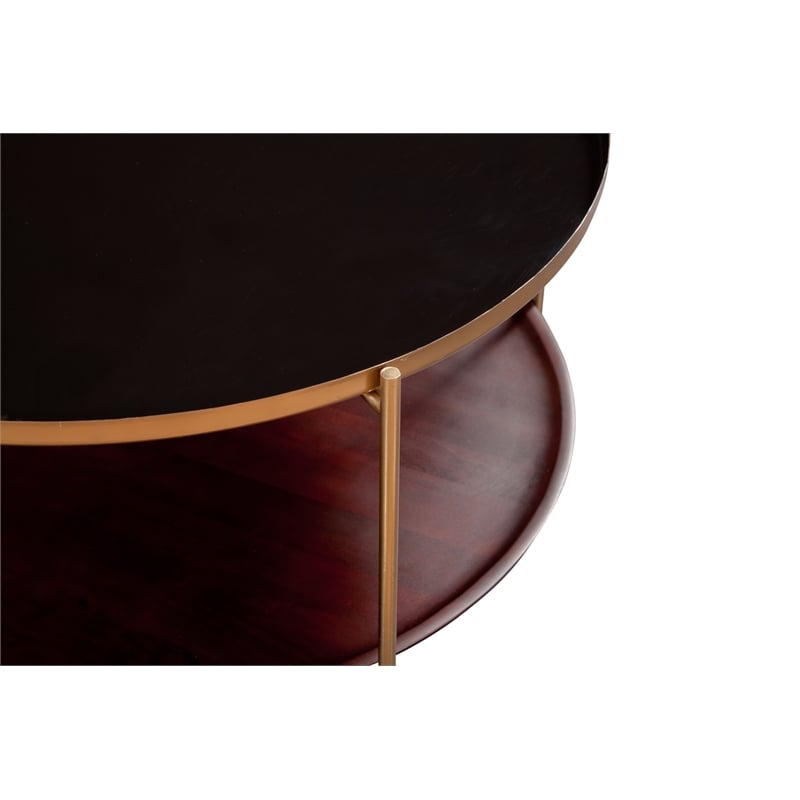 Stevie Round Enameled Black Metal and Wood Tray Top Coffee Table with Storage